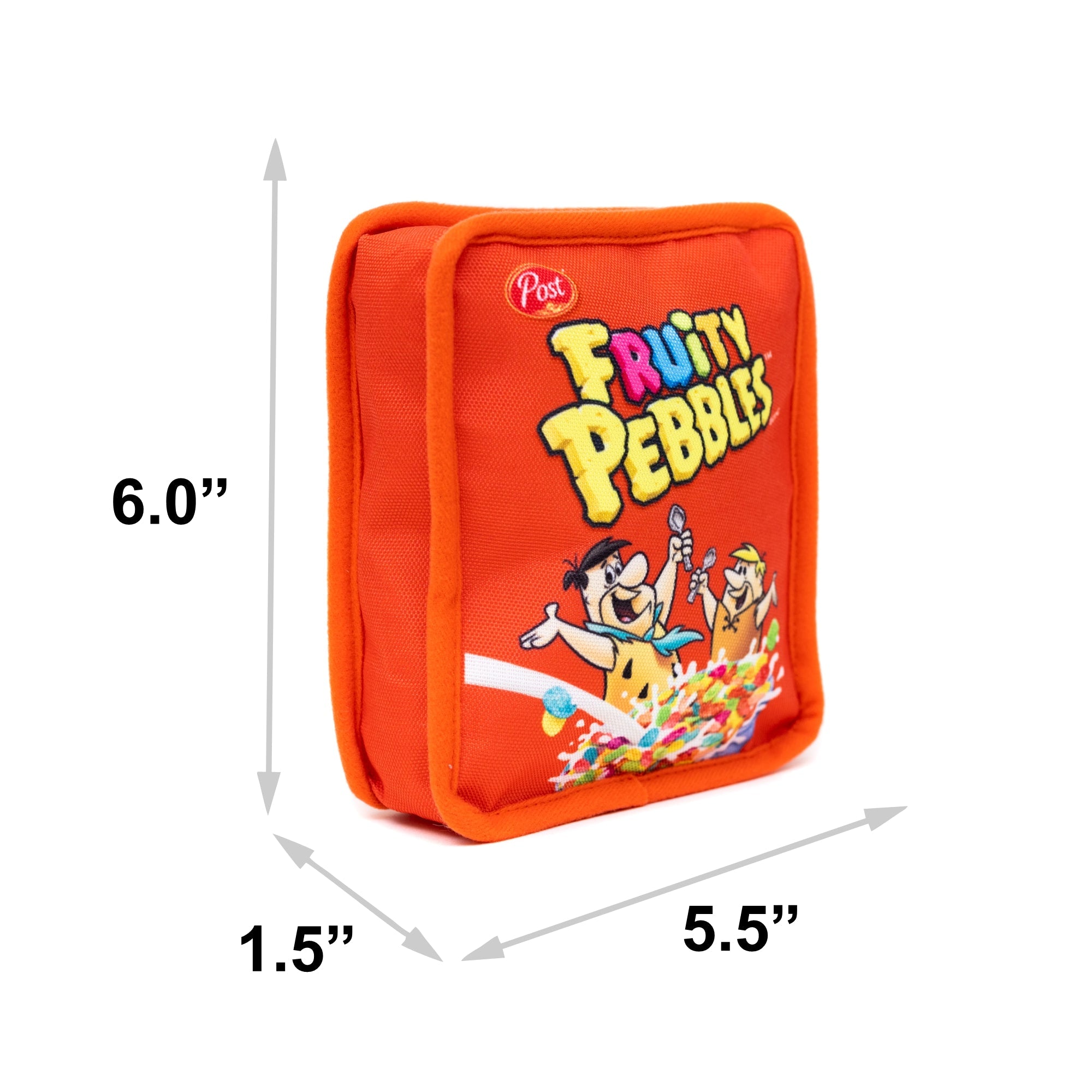 Dog Toy Squeaker Plush - Fruity Pebbles Fred Flintstone and Barney Rubble Cereal Box Replica Red