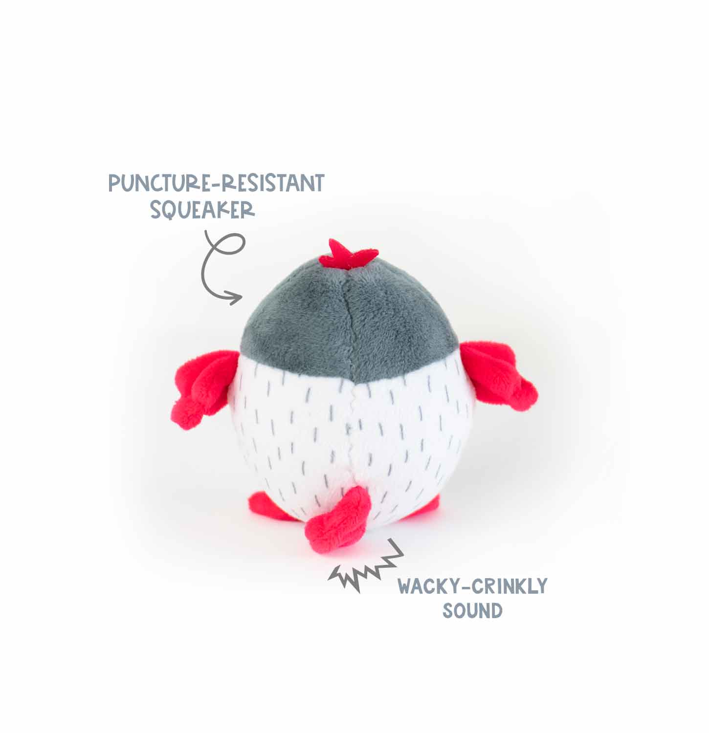 Squeaky plush bird dog toy featuring puncture-resistant squeaker and wacky crinkly sound