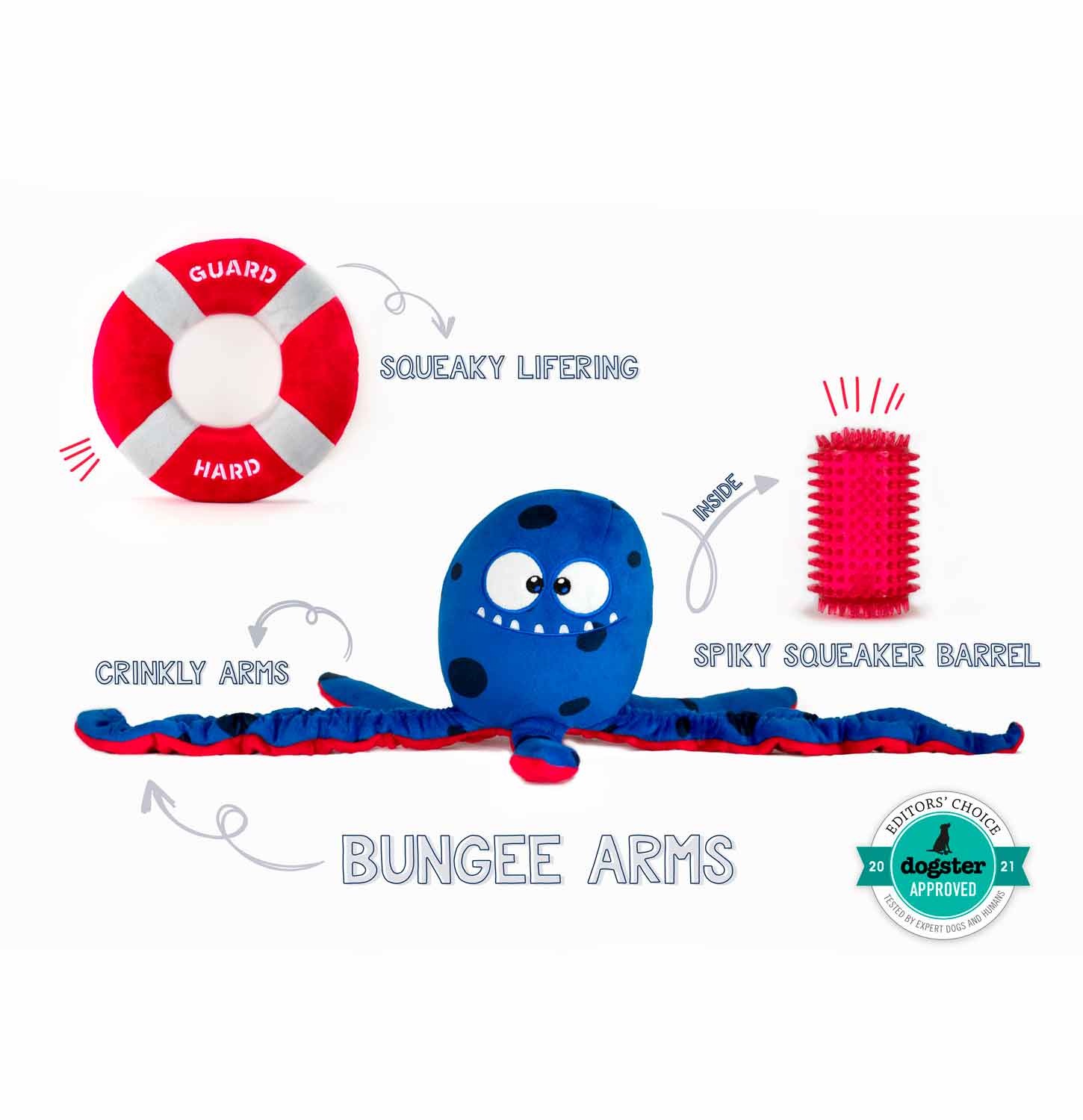 Tugtopus Features a Squeaky Lifering, Crinkly Arms, and Spiky Squeaky Barrel For Ultimate Fun