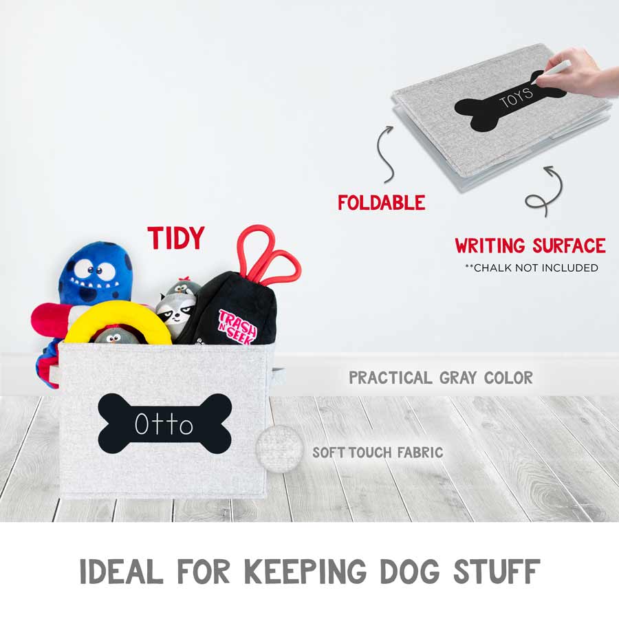 The Soft Foldable Bin is Gray Colored and Features a Soft Touch Fabric. It also includes a Chalk Writing Surface shaped as a bone