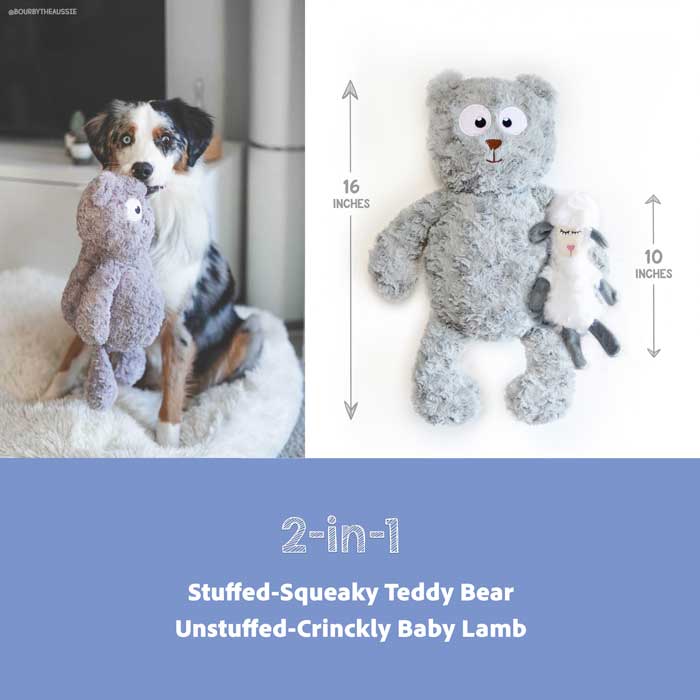 Moony & Woola is a 2-in-1 Dog Toy, Featuring Moony The Teddy Bear and Woola The Baby Lamb