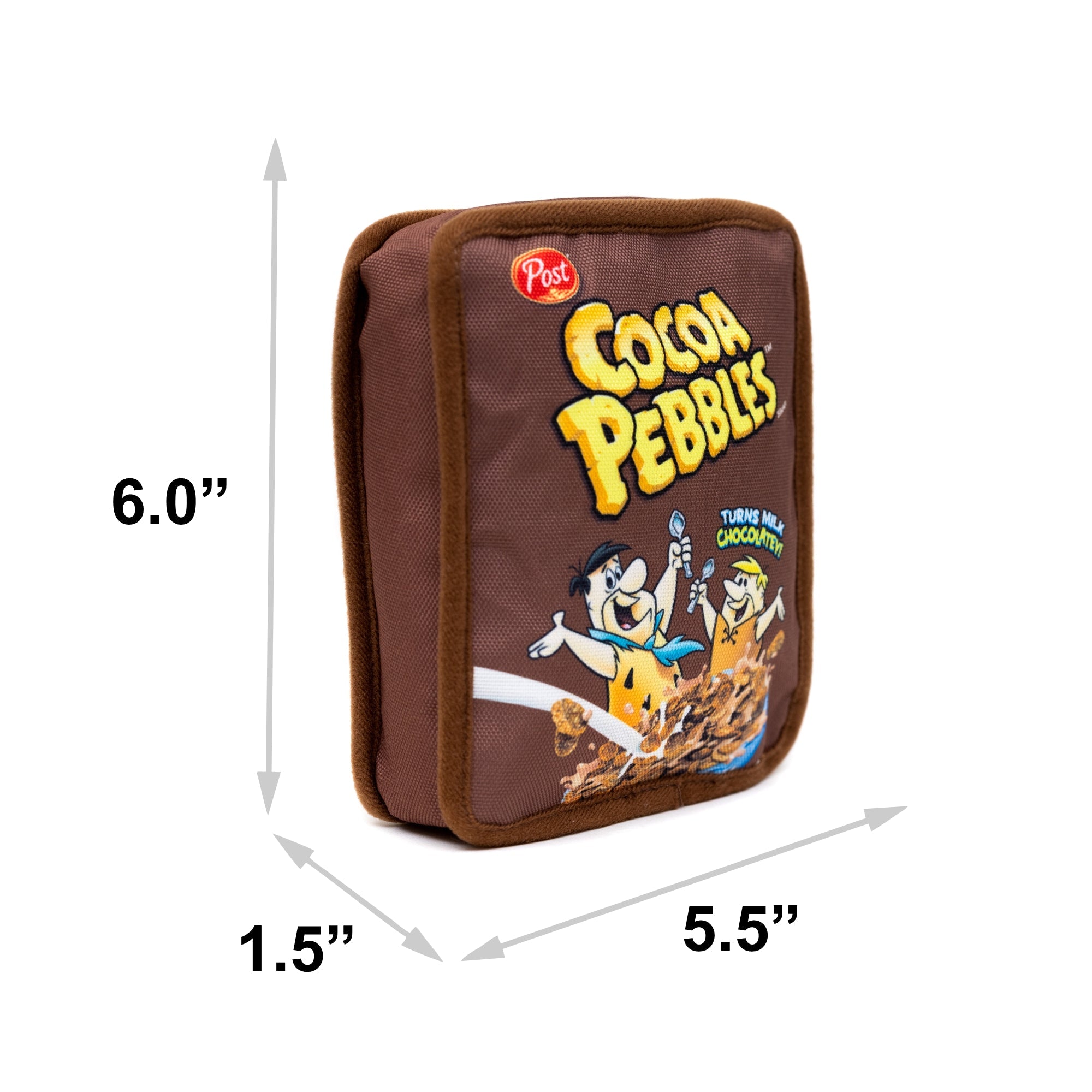 Dog Toy Squeaker Plush - Cocoa Pebbles Fred Flintstone and Barney Rubble Cereal Box Replica