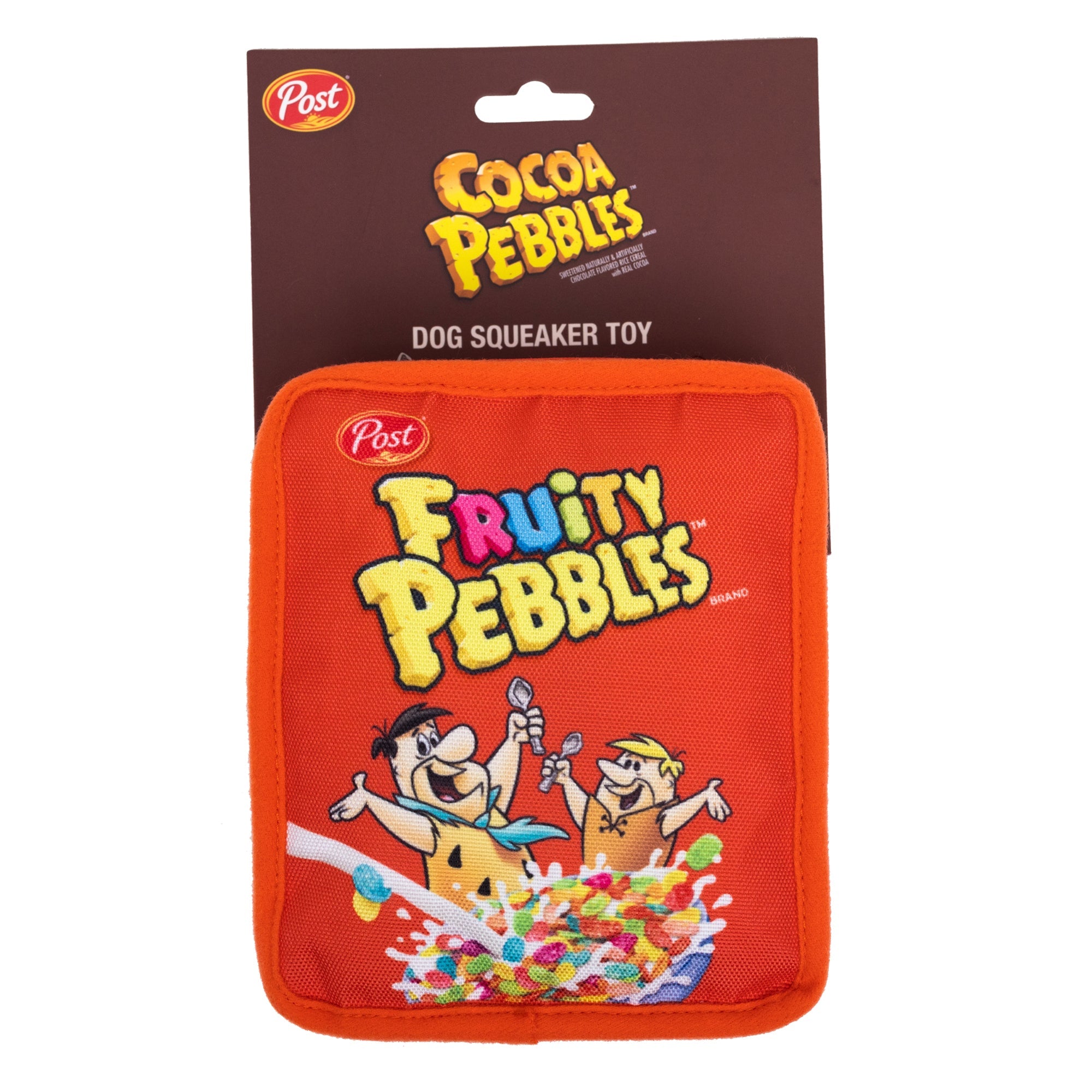 Dog Toy Squeaker Plush - Fruity Pebbles Fred Flintstone and Barney Rubble Cereal Box Replica Red