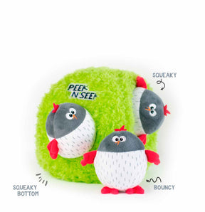 Hide and seek dog toy, featuring 3 squeaky birds hidden inside their plushie nest