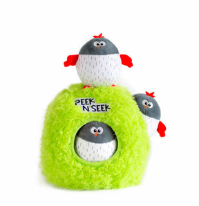 Hide and seek puzzle toy for dogs, featuring 3 squeaky birds hidden inside their plush nest