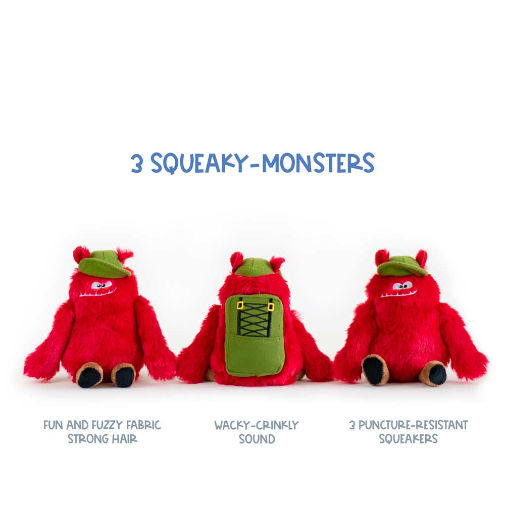 The 3 Wacky Monsters Feature Strong and Fuzzy Fabric Hair, A Fun Crinkly Sound, and Puncture-Resistant Squeakers