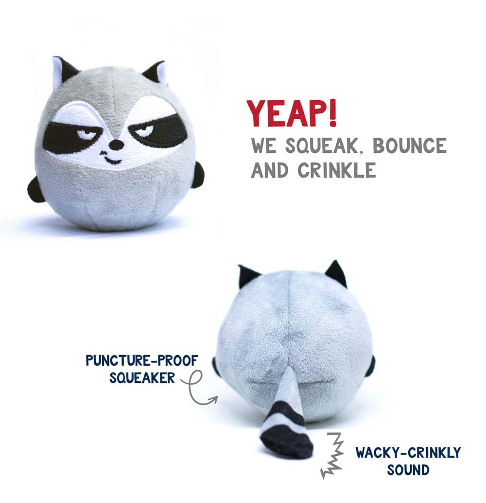 The Trash N' Seek Raccoons are Crinkly, Squeaky, and Bouncy. They also Feature Puncture-Proof Squeakers